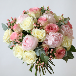 Peony, rose, hypericum, eucalyptus