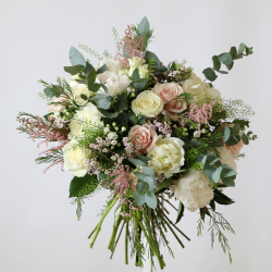 Peonies, rose, spray rose, astillbe, bouvardia, waxflower and green