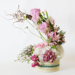 Peony, astilbe, wax flower, syringa, tulip, rose, hypericum, hydrangea, salix, spray rose.
