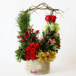 Rose, spray rose, bouvardia, salix, cymbidium, solidago, hypericum.