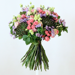 Rose, spray rose, statice, eustoma, hypericum & plant