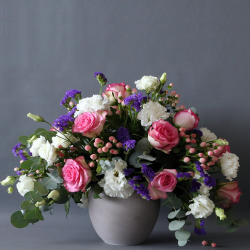  Roses, Eustoma, Statice, Hypericum and Eucalyptus